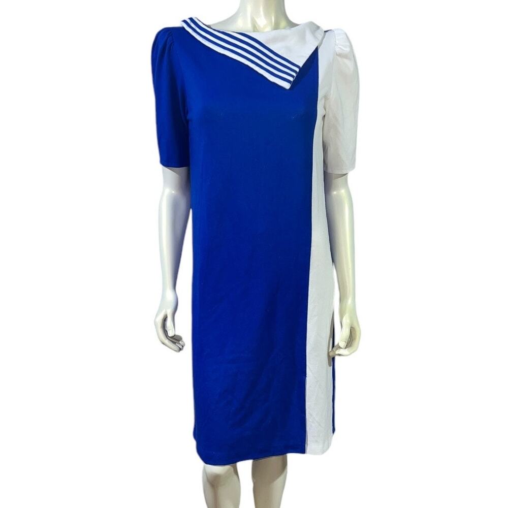 Vintage 80s JM II New York Nautical Midi Dress Asymmetric Stripe Detail Size 14